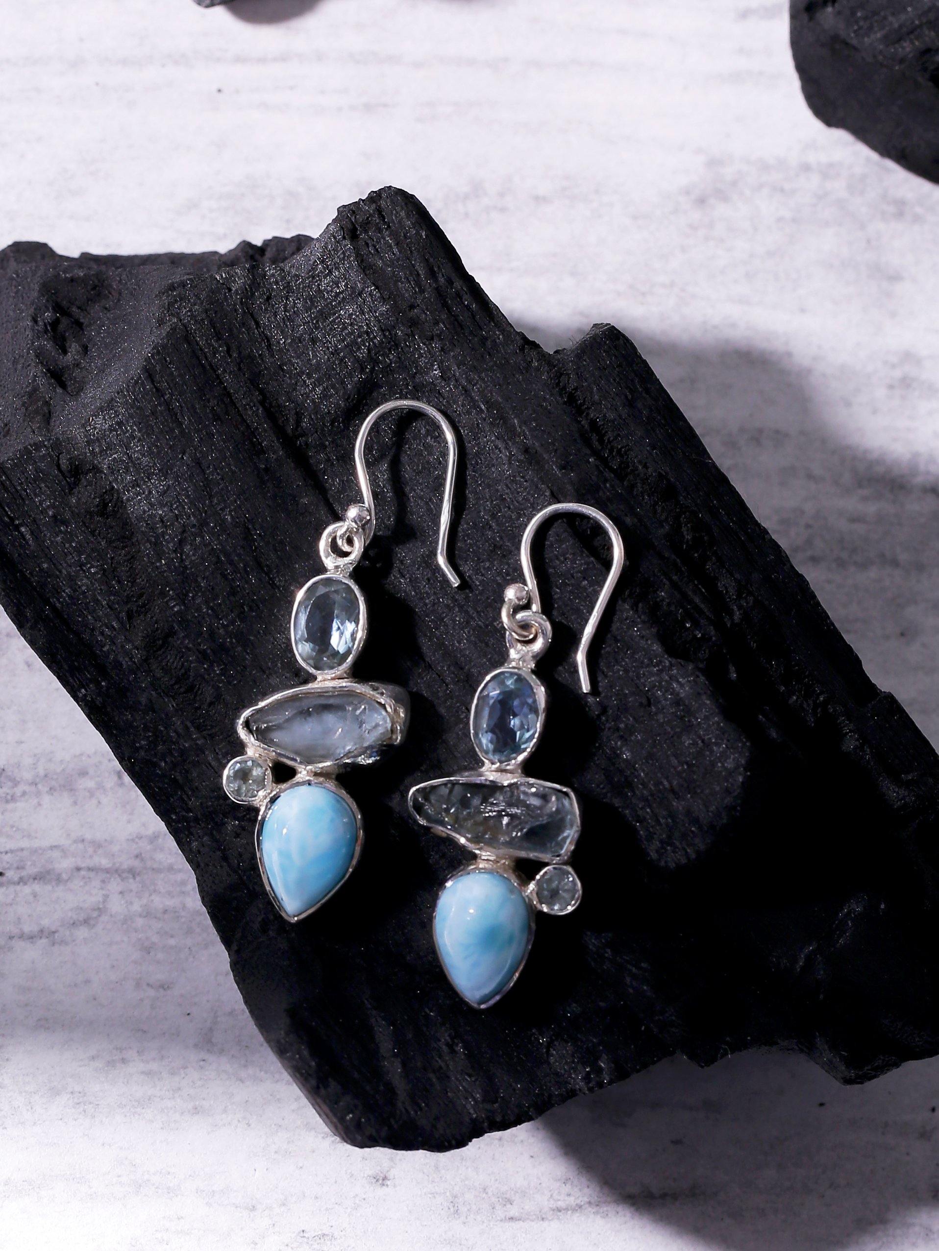 Larimar Blue Topaz Solid 925 Sterling Silver Dangle Earrings - YoTreasure