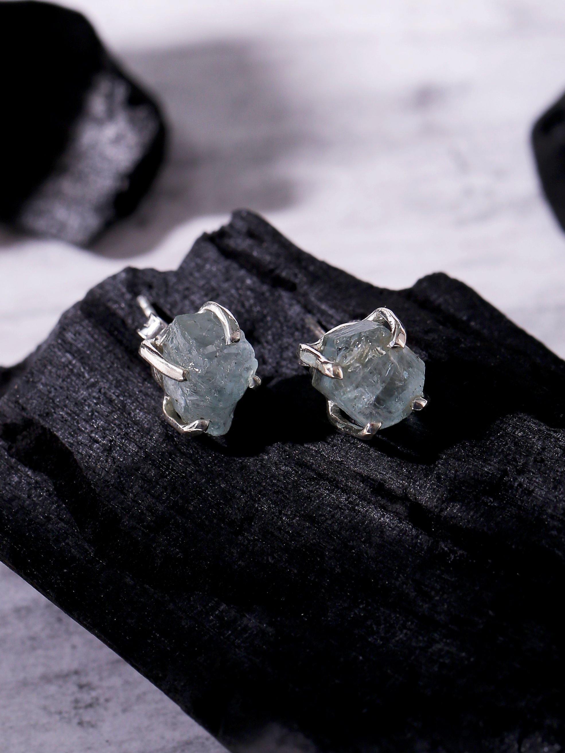Rough Aquamarine Solid 925 Sterling Silver Stud Earrings - YoTreasure