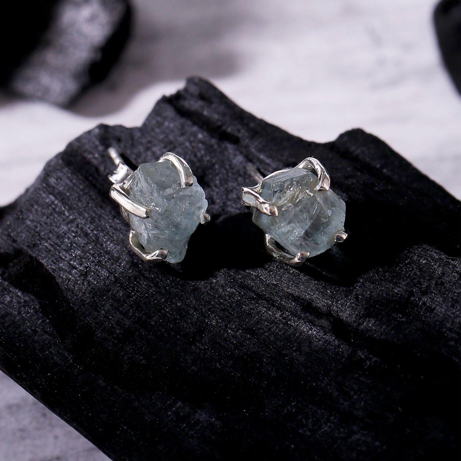 Rough Aquamarine Solid 925 Sterling Silver Stud Earrings - YoTreasure