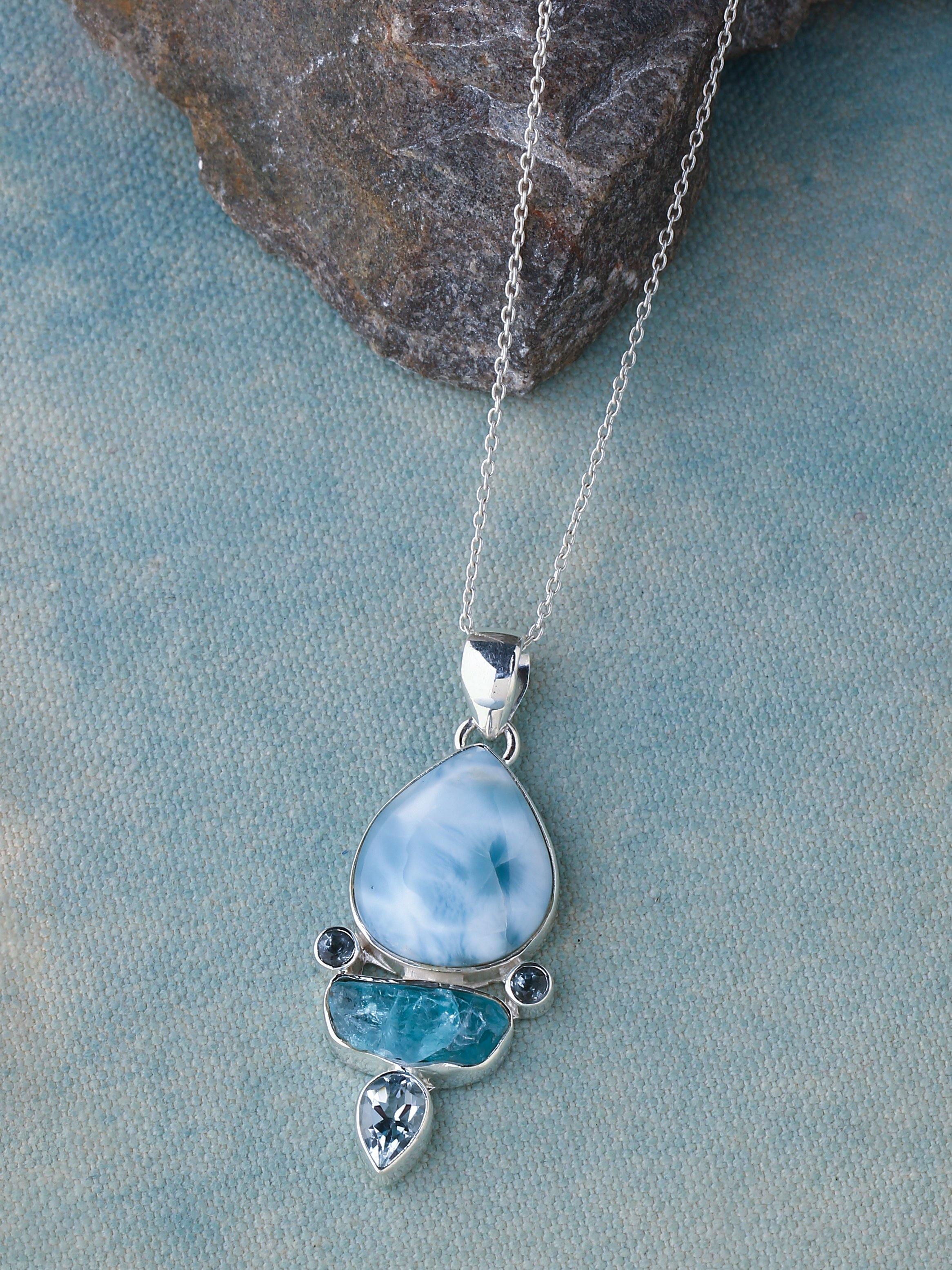 Unique 925 Sterling Silver Larimar online Blue Topaz Necklace