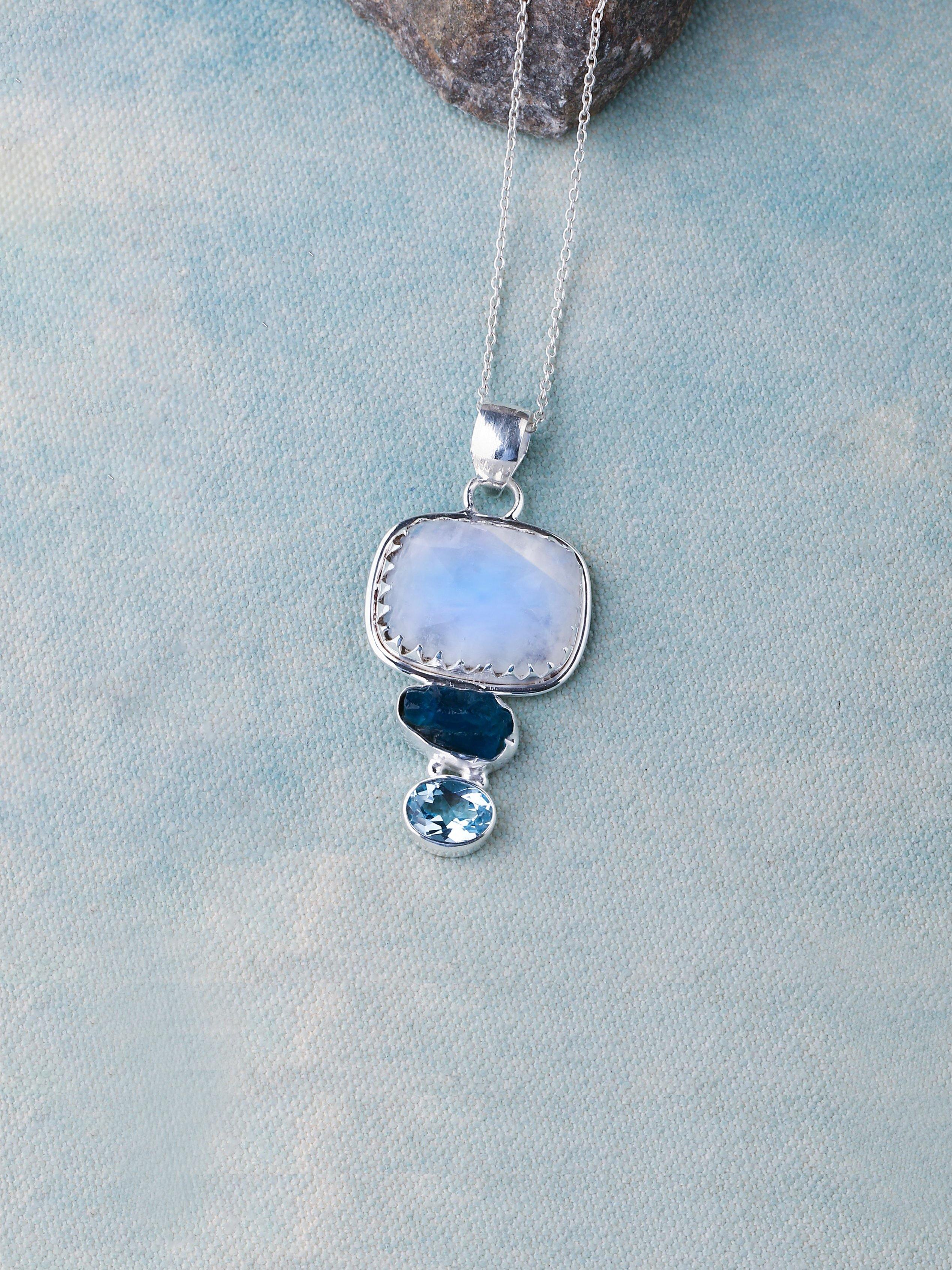 Moonstone Apatite Blue Topaz Solid 925 Sterling Silver Bold Chain Pendant - YoTreasure