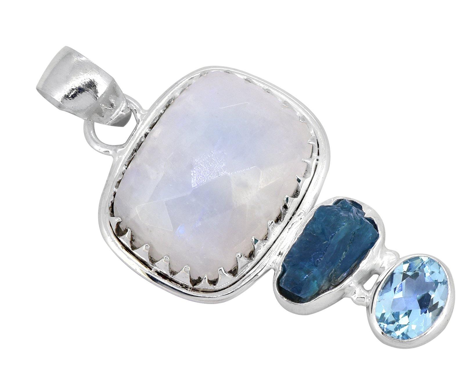 Moonstone Apatite Blue Topaz Solid 925 Sterling Silver Bold Chain Pendant - YoTreasure