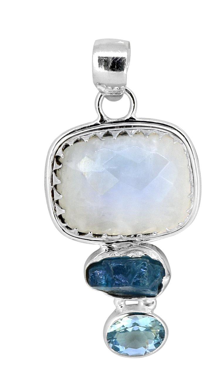 Moonstone Apatite Blue Topaz Solid 925 Sterling Silver Bold Chain Pendant - YoTreasure