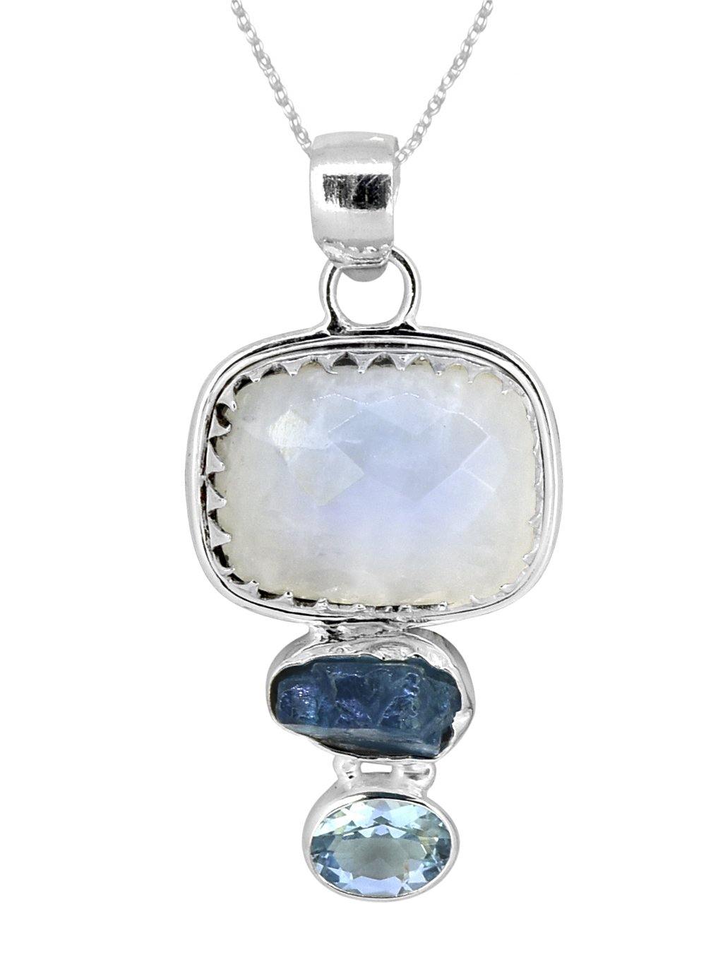Moonstone Apatite Blue Topaz Solid 925 Sterling Silver Bold Chain Pendant - YoTreasure