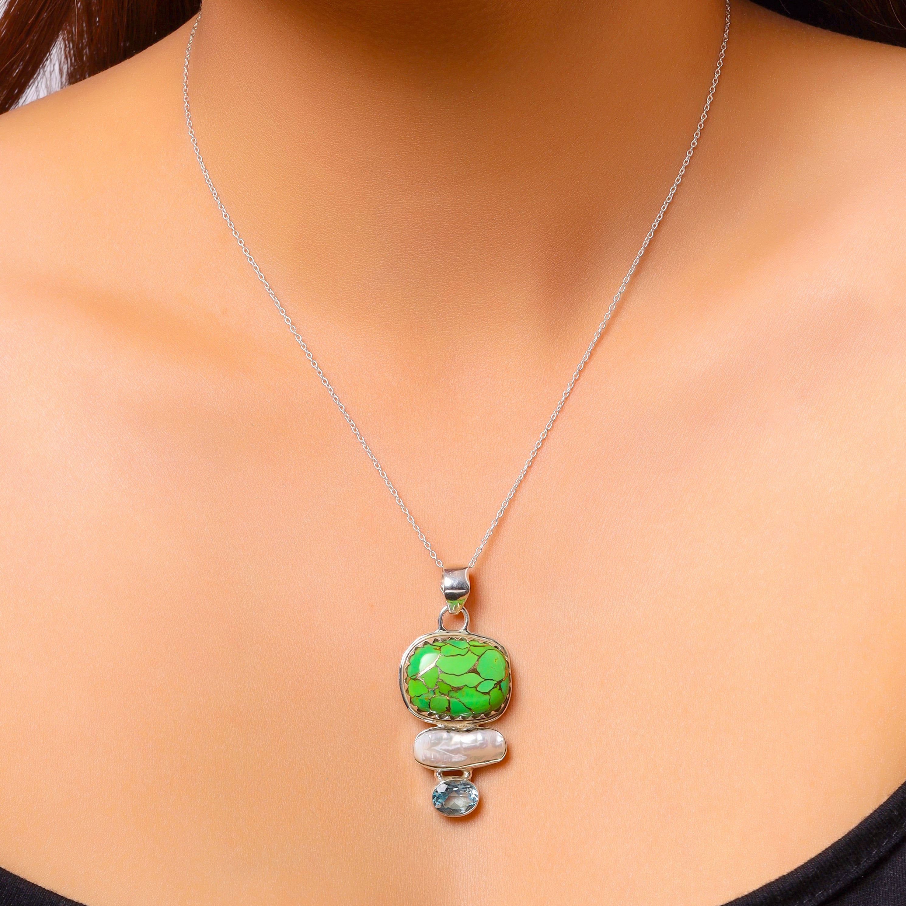 Green Copper Turquoise Solid 925 Sterling Silver Chain Pendant Jewelry - YoTreasure