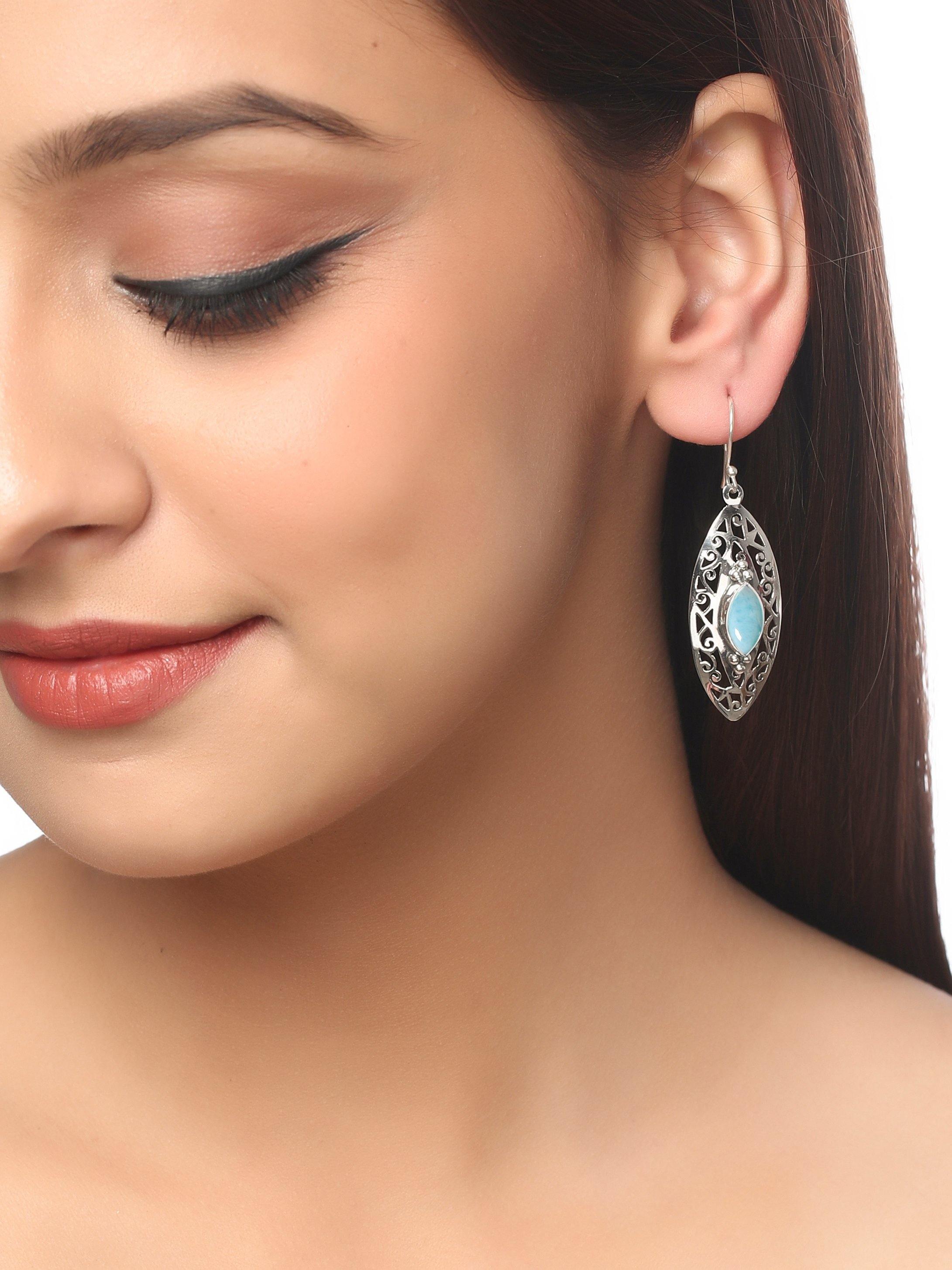 2.12" Larimar Solid 925 Sterling Silver Designer Dangle Earrings Jewelry - YoTreasure