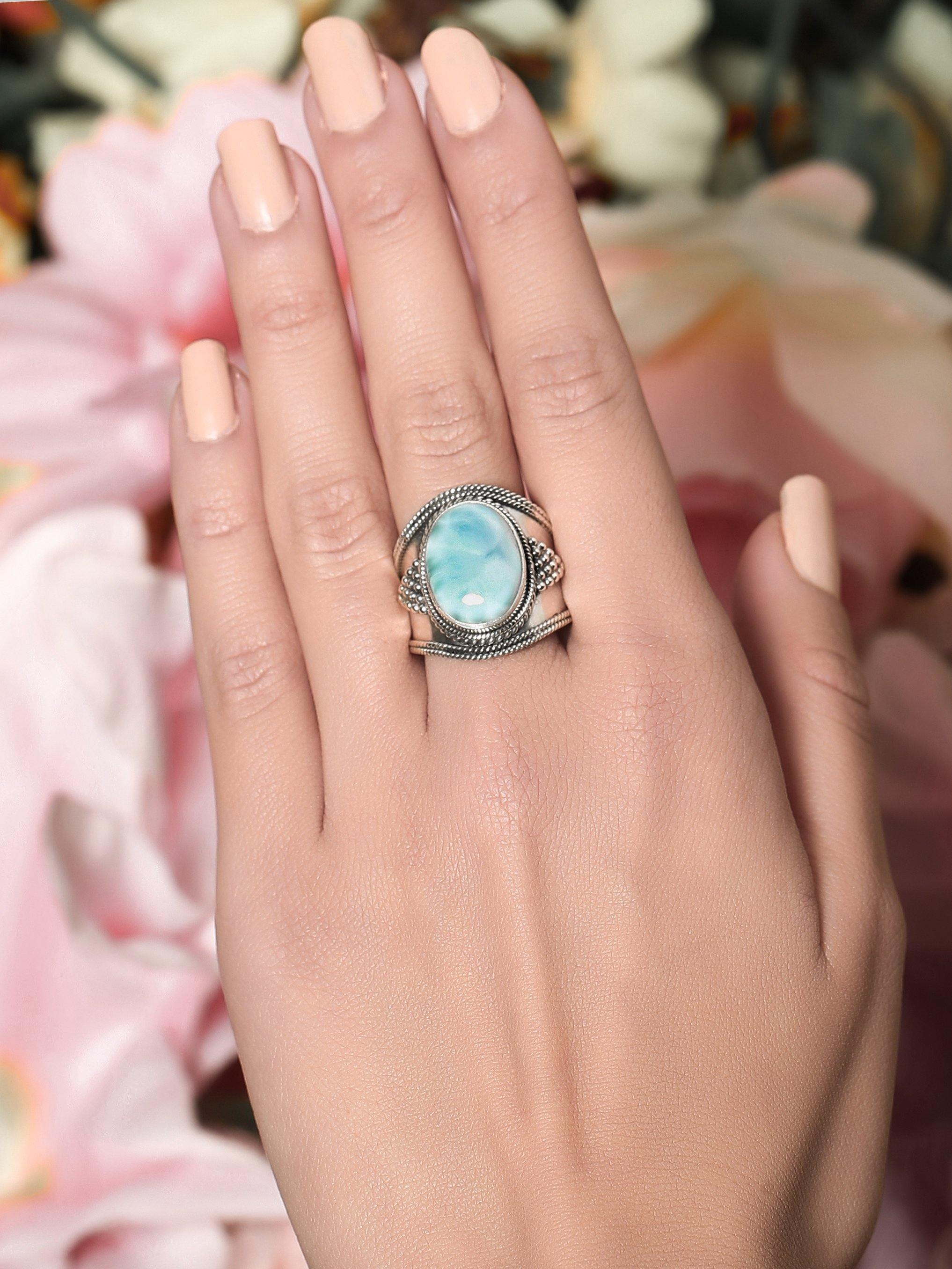 Natural Larimar Solid 925 Sterling Silver Gemstone Ring Jewelry - YoTreasure
