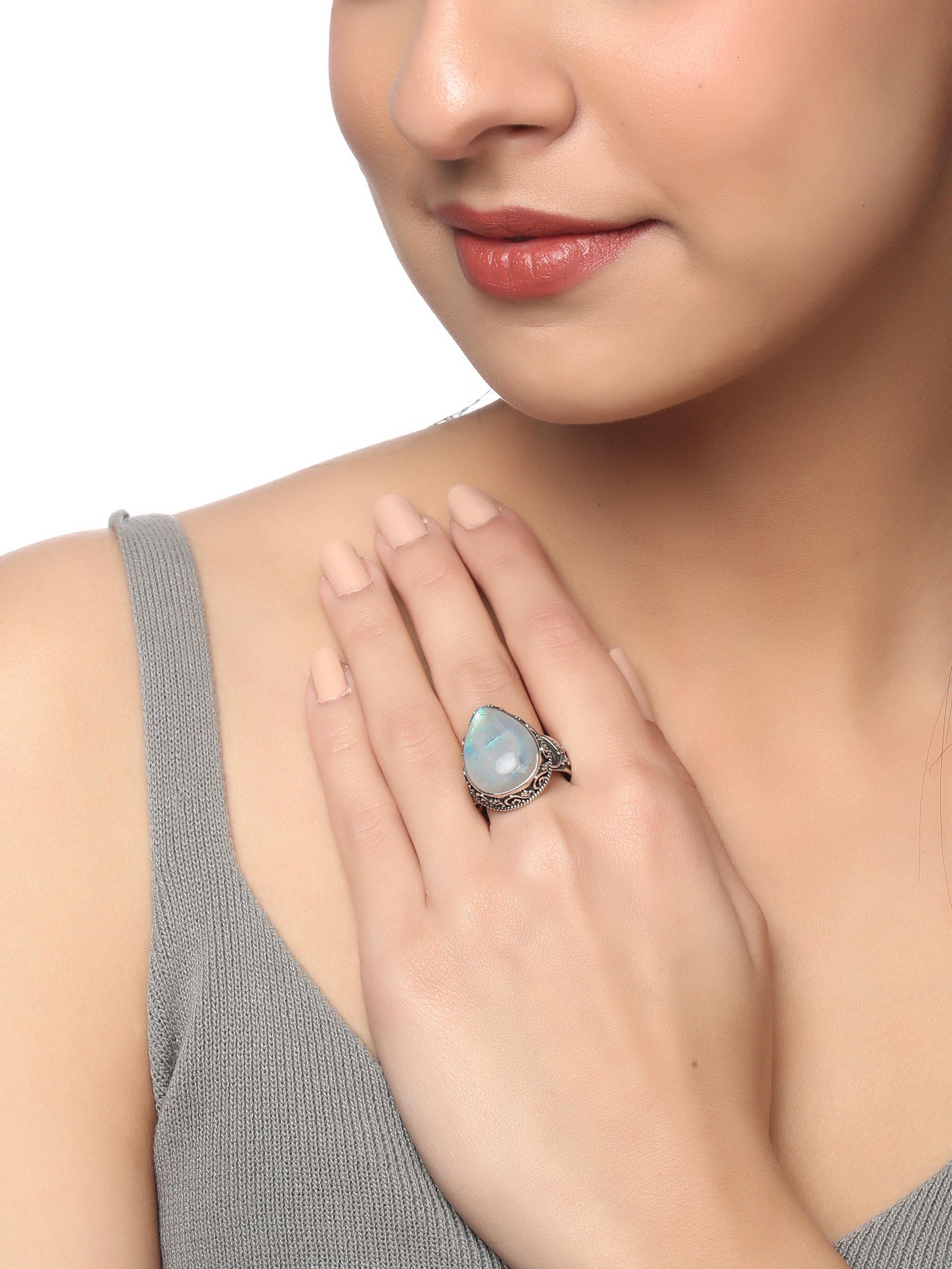 Rainbow Moonstone Ring Solid 925 Sterling Silver Jewelry - YoTreasure