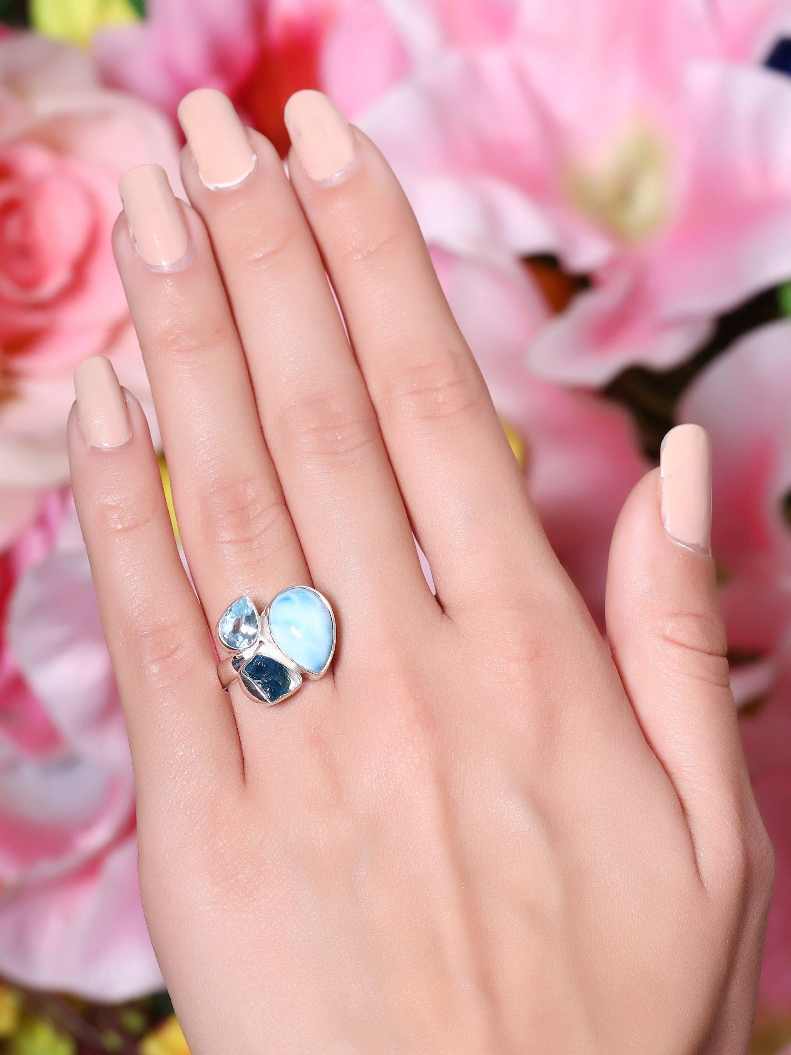 Natural Larimar Solid 925 Sterling Silver Ring Jewelry - YoTreasure