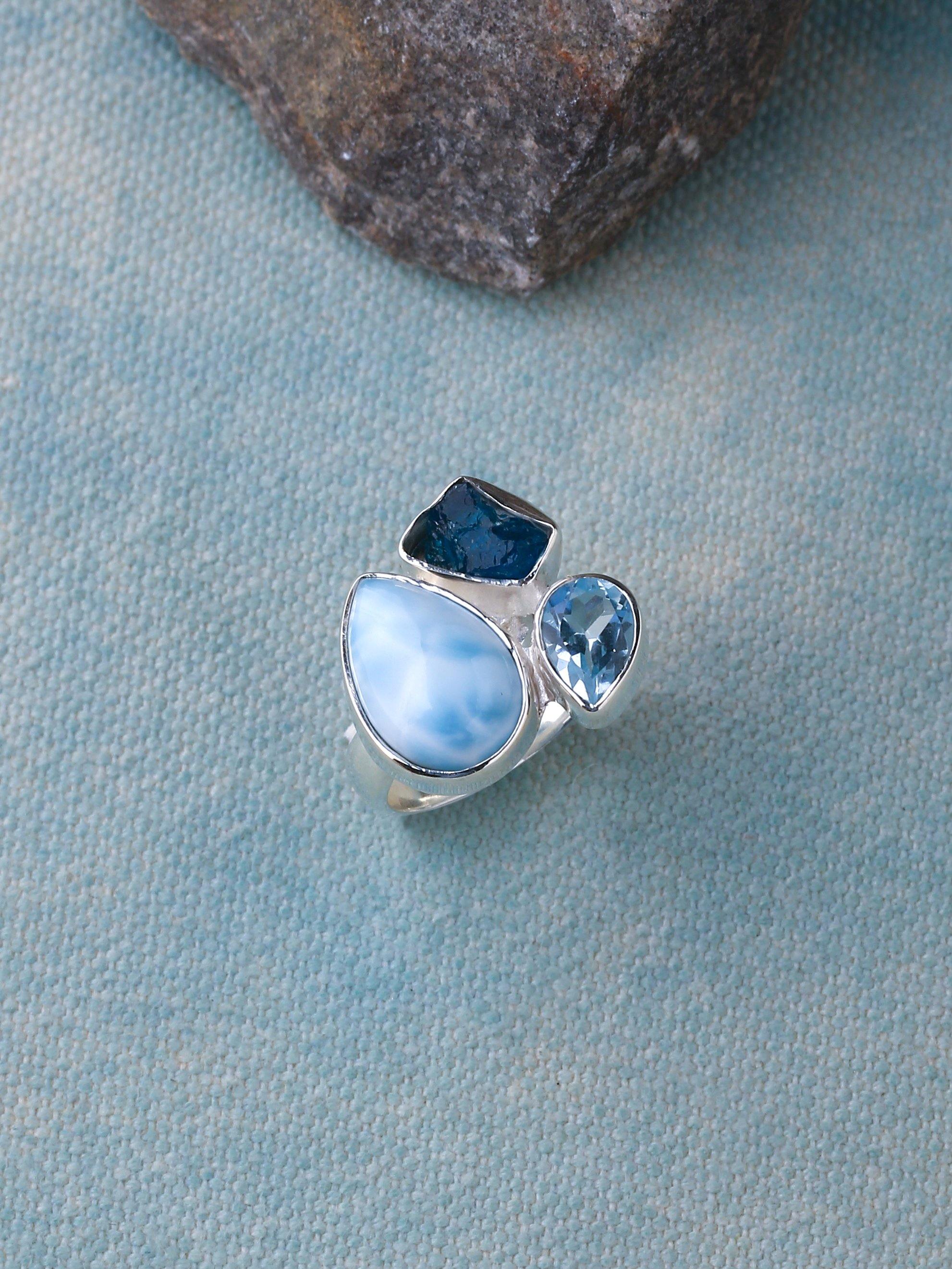 Natural Larimar Solid 925 Sterling Silver Ring Jewelry - YoTreasure