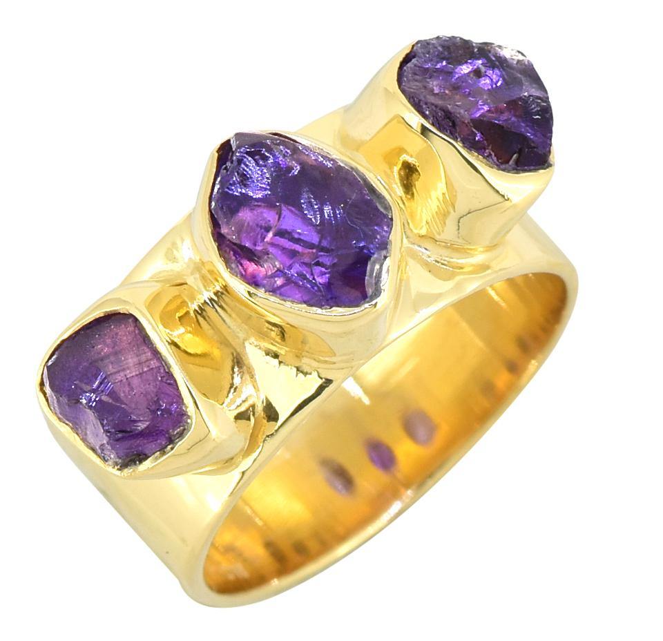 Rough Amethyst Solid 925 Sterling Silver Gold Plated Ring Jewelry - YoTreasure
