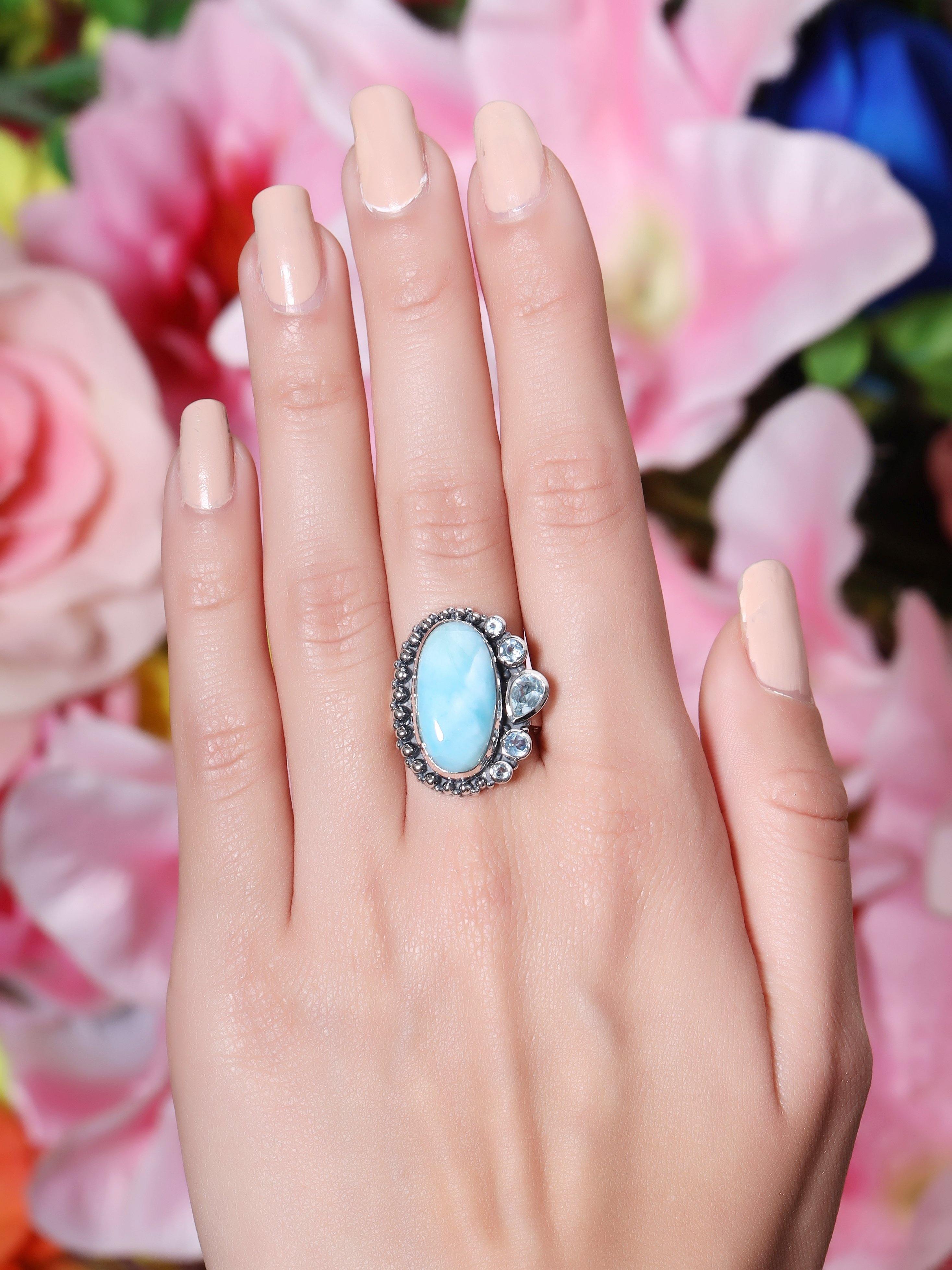 Larimar Solid 925 Sterling Silver Gemstone Ring Jewelry - YoTreasure