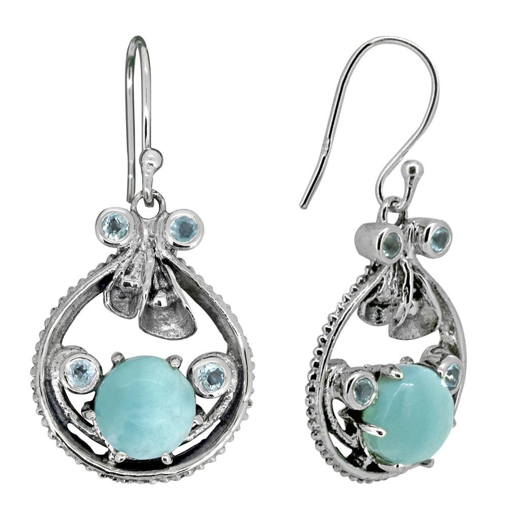 Natural Larimar Blue Topaz Solid 925 Sterling Silver Dangle Earrings - YoTreasure
