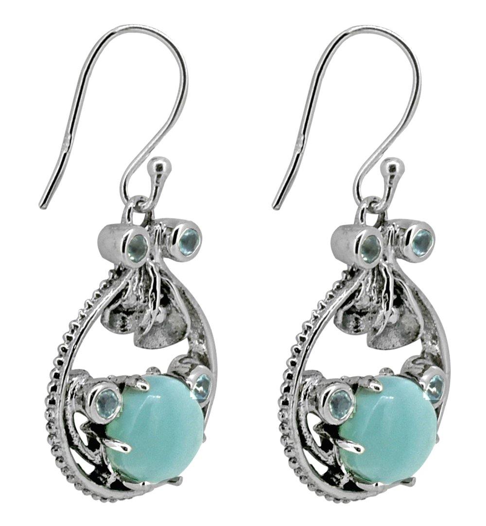 Natural Larimar Blue Topaz Solid 925 Sterling Silver Dangle Earrings - YoTreasure