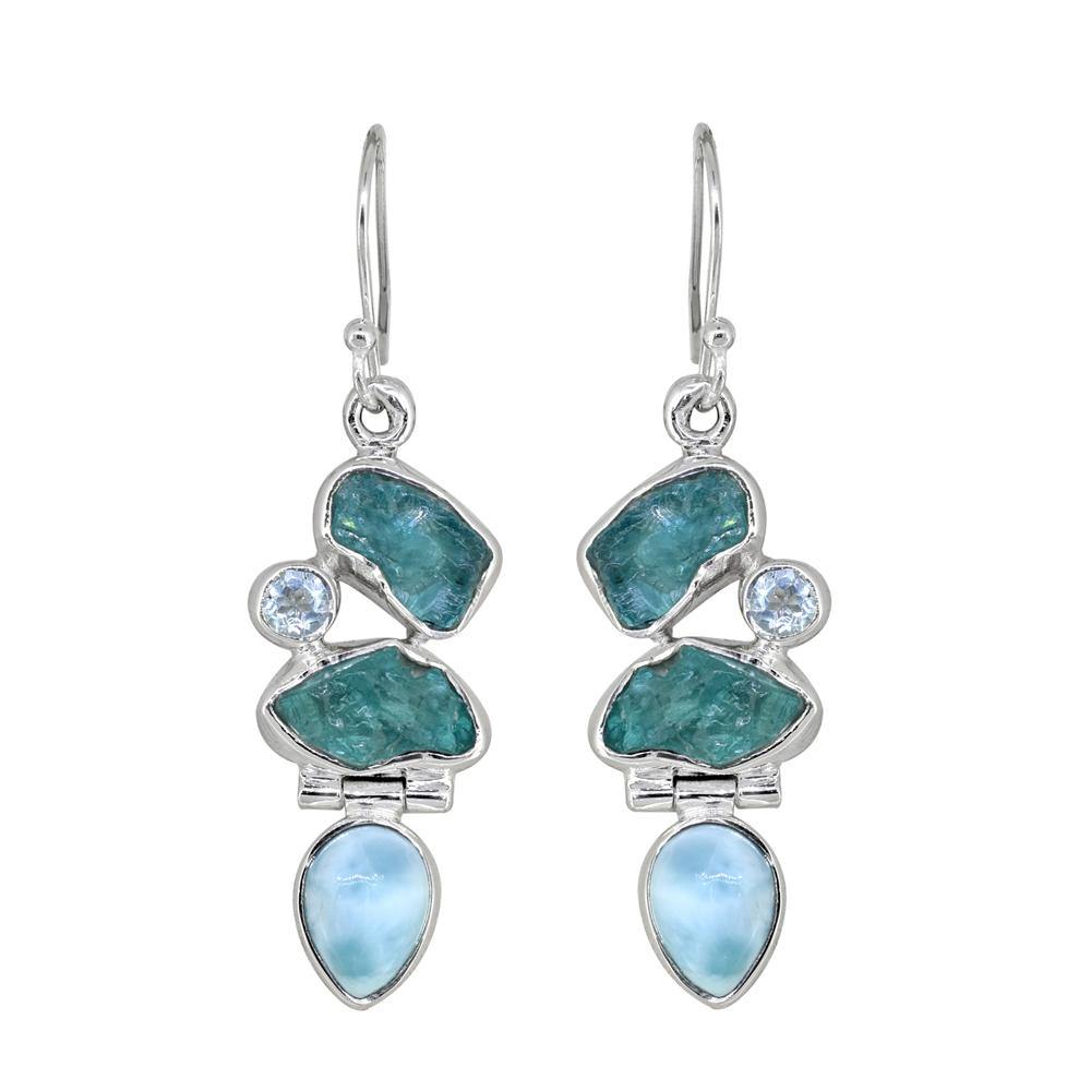 Rough Apatite Larimar Solid 925 Sterling Silver Dangle Earrings - YoTreasure