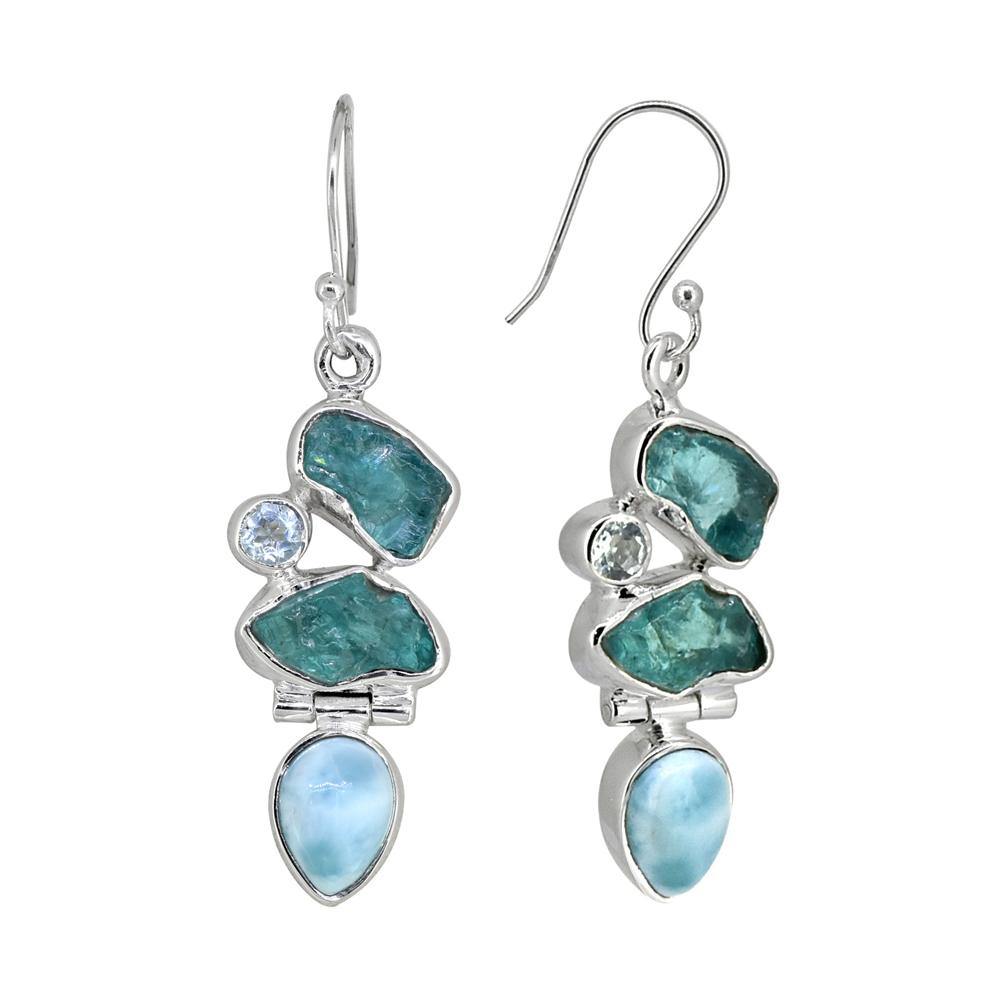 Rough Apatite Larimar Solid 925 Sterling Silver Dangle Earrings - YoTreasure