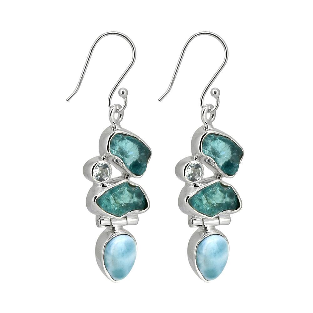 Rough Apatite Larimar Solid 925 Sterling Silver Dangle Earrings - YoTreasure