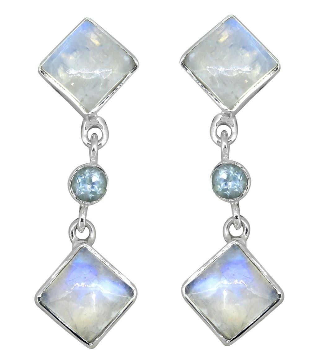Moonstone Blue Topaz Solid 925 Sterling Silver Dangle Earrings - YoTreasure