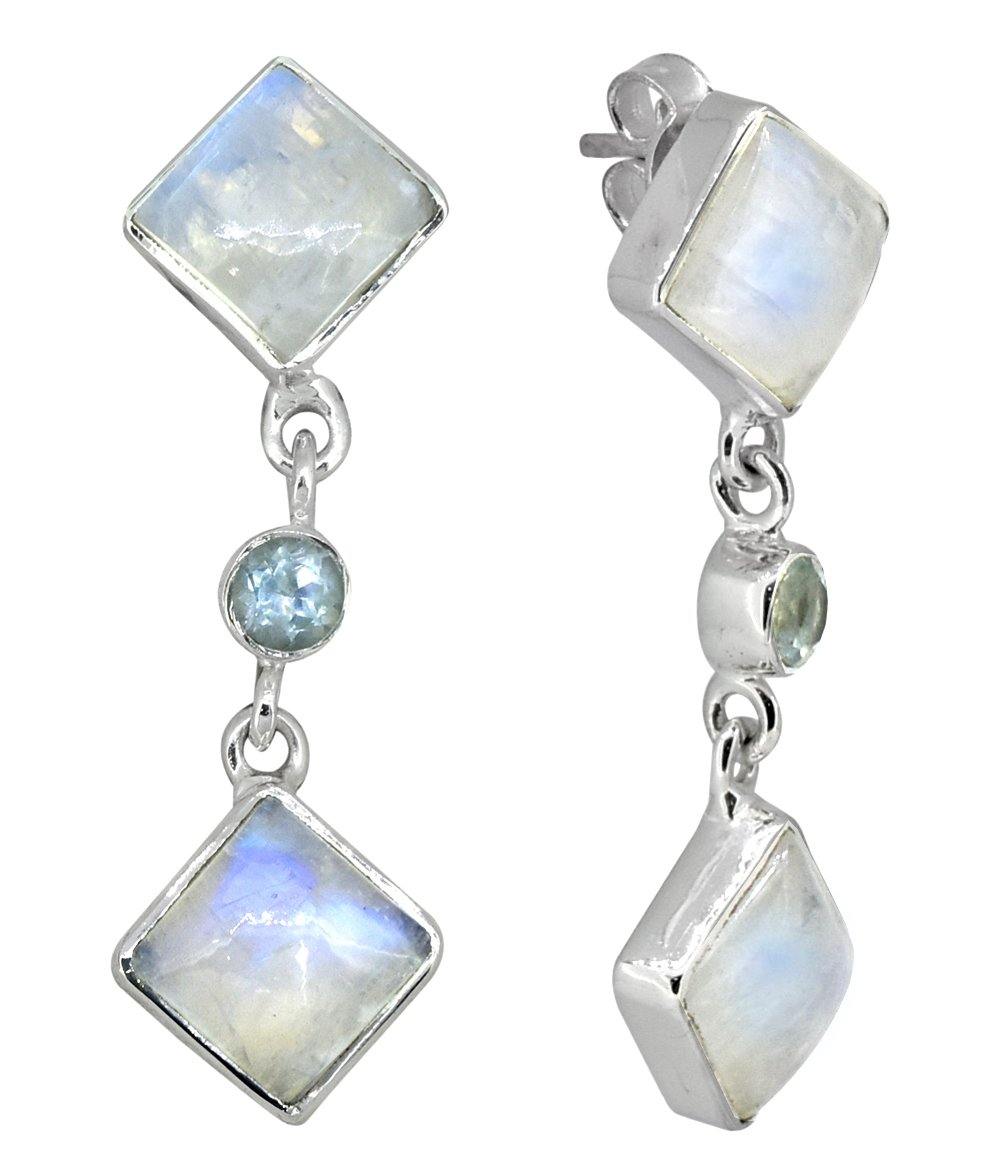 Moonstone Blue Topaz Solid 925 Sterling Silver Dangle Earrings - YoTreasure