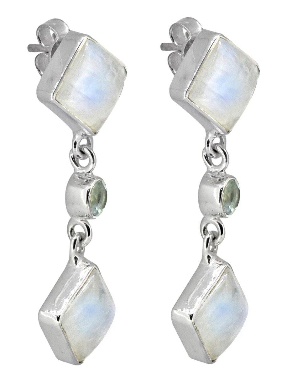 Moonstone Blue Topaz Solid 925 Sterling Silver Dangle Earrings - YoTreasure