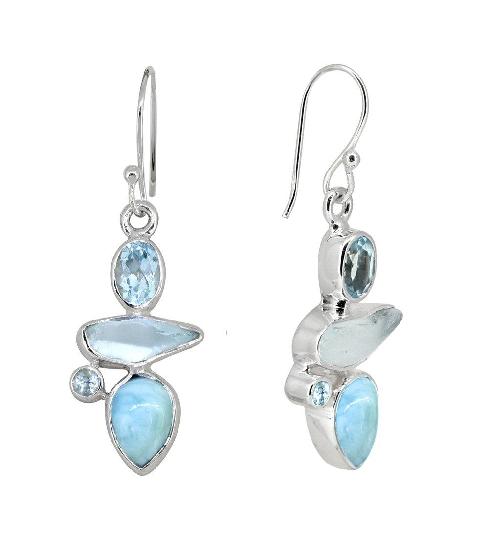 Larimar Blue Topaz Solid 925 Sterling Silver Dangle Earrings - YoTreasure