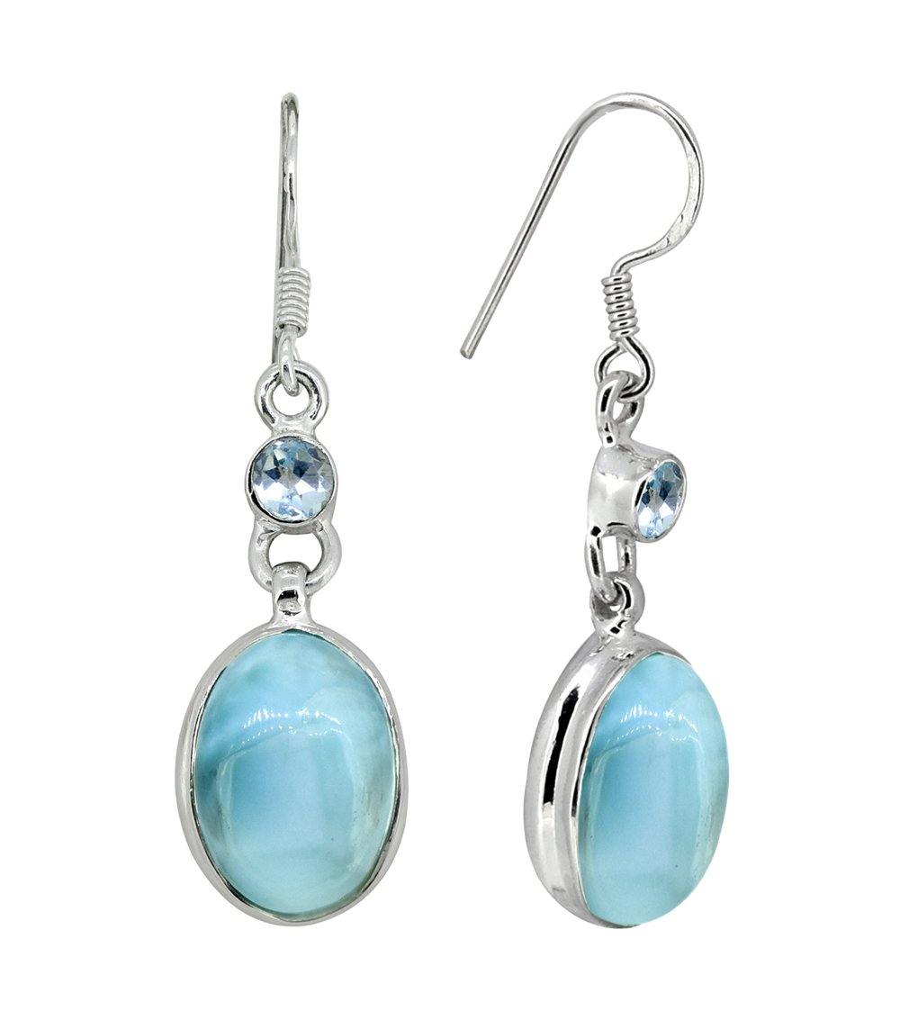 Larimar Blue Topaz Solid 925 Sterling Silver Dangle Earrings - YoTreasure
