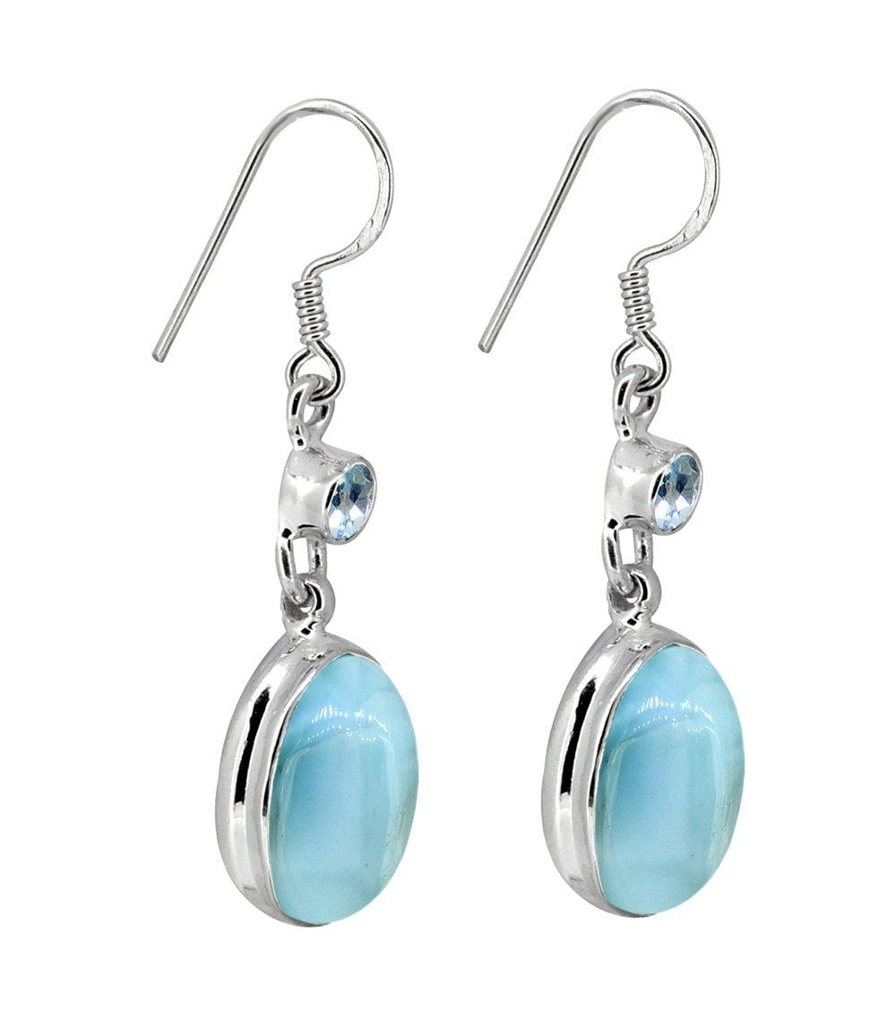 Larimar Blue Topaz Solid 925 Sterling Silver Dangle Earrings - YoTreasure