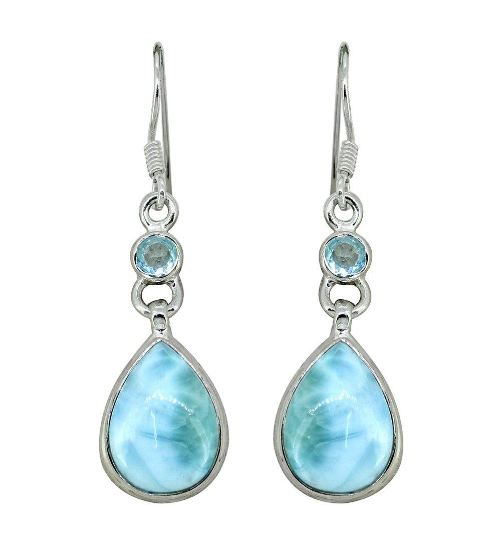 Larimar Blue Topaz Solid 925 Sterling Silver Dangle Earrings - YoTreasure