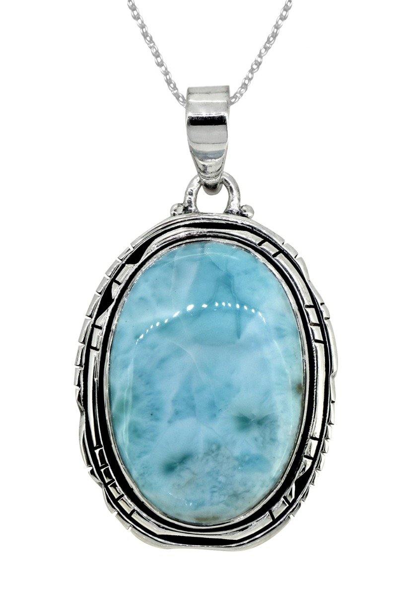 Natural Larimar Solid 925 Sterling Silver Pendant Silver 1 3/4" - YoTreasure