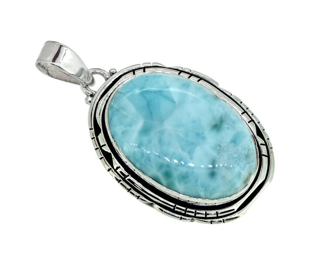 Natural Larimar Solid 925 Sterling Silver Pendant Silver 1 3/4" - YoTreasure