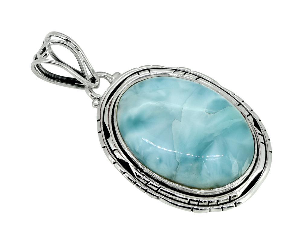 Natural Larimar Solid 925 Sterling Silver Pendant 1 3/4" - YoTreasure