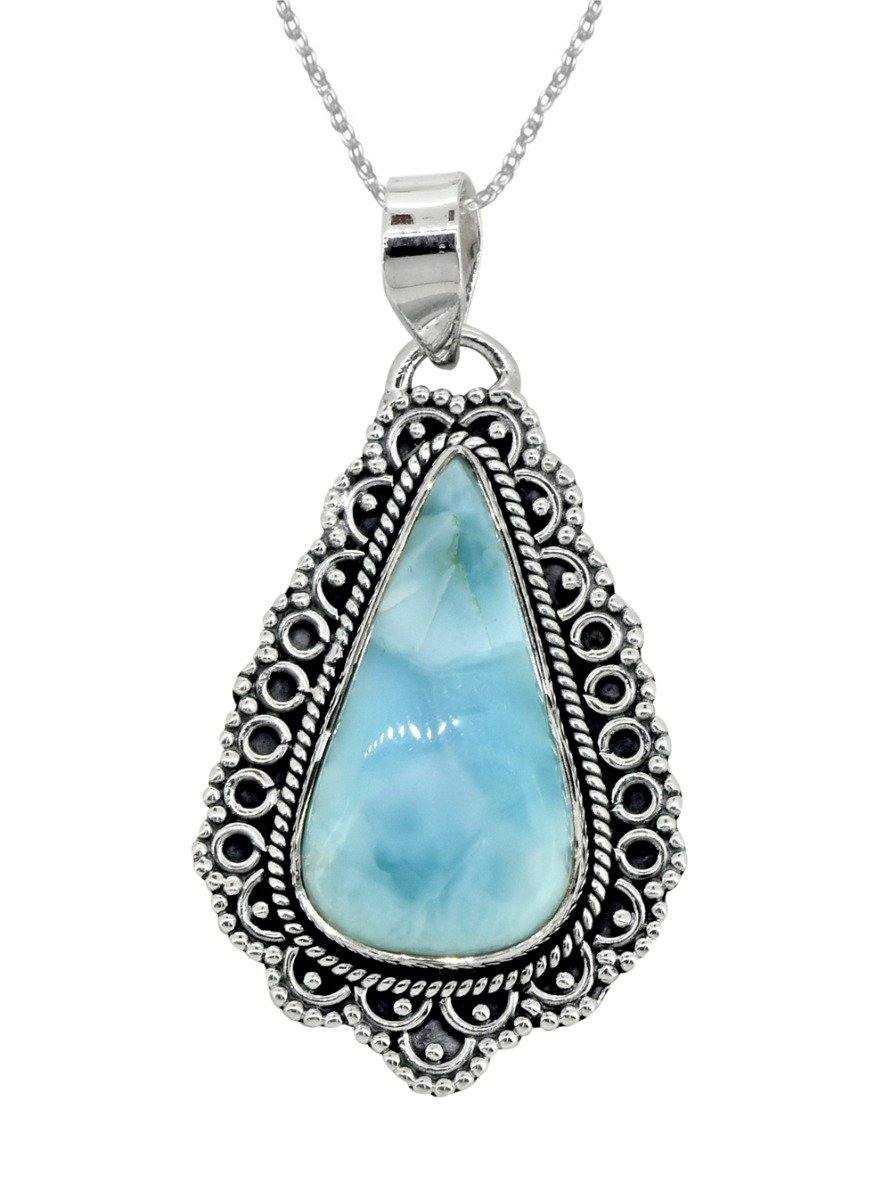 Natural Larimar Solid 925 Sterling Silver Pendant 1 3/4" - YoTreasure