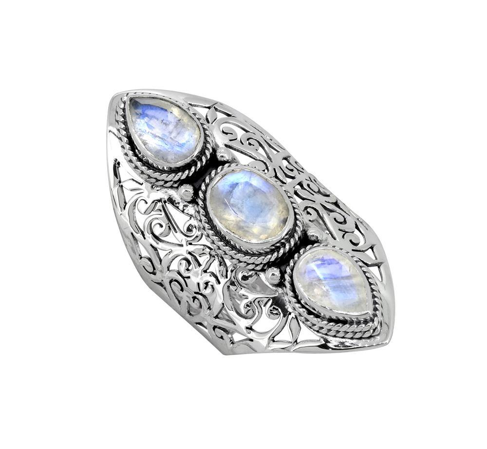 Moonstone Solid 925 Sterling Silver Filigree 3 Stone Ring Jewelry - YoTreasure