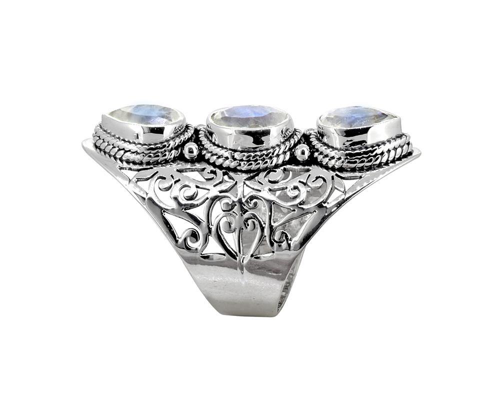 Moonstone Solid 925 Sterling Silver Filigree 3 Stone Ring Jewelry - YoTreasure