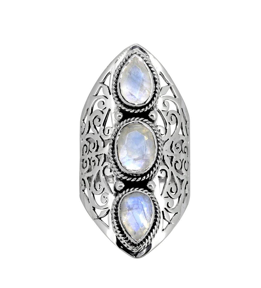 Moonstone Solid 925 Sterling Silver Filigree 3 Stone Ring Jewelry - YoTreasure