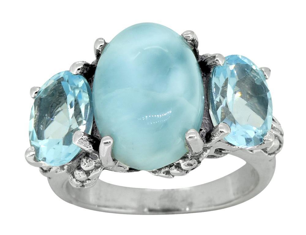Natural Larimar Sky Blue Topaz Solid 925 Sterling Silver Designer Ring - YoTreasure