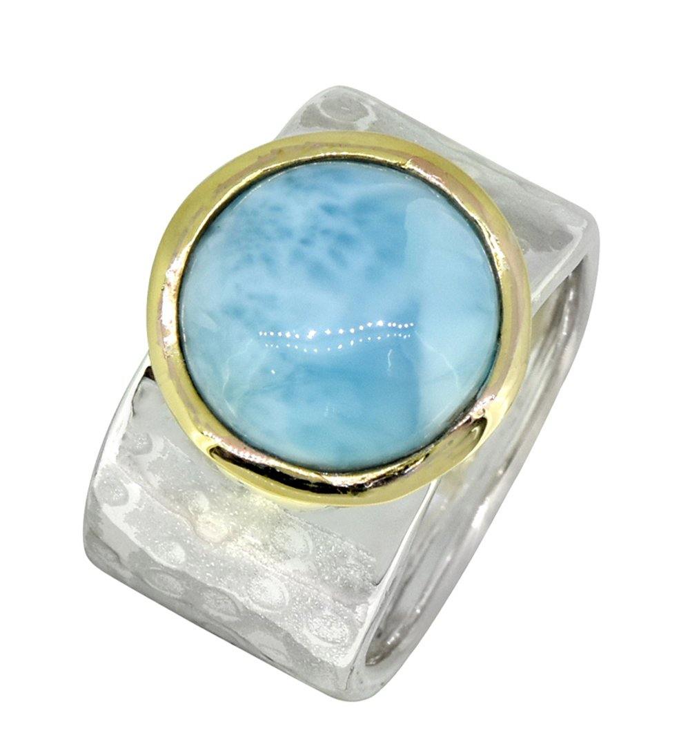 Natural Larimar Solid 925 Sterling Silver Brass Hammered Ring Jewelry - YoTreasure