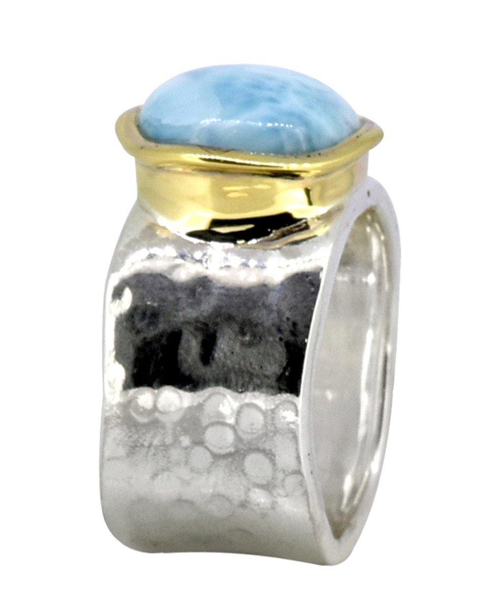 Natural Larimar Solid 925 Sterling Silver Brass Hammered Ring Jewelry - YoTreasure
