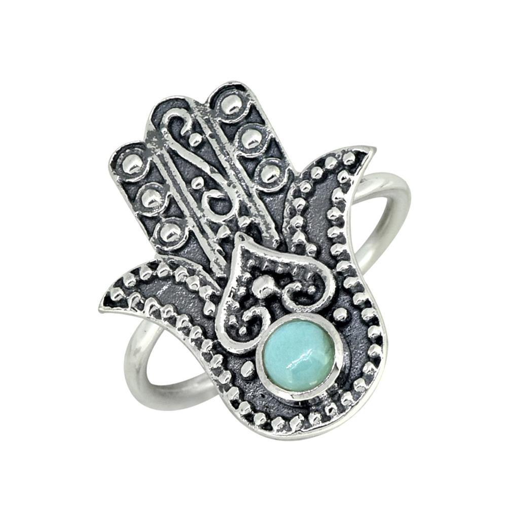Natural Larimar Solid 925 Sterling Silver Hamsa Hand Ring Jewelry - YoTreasure