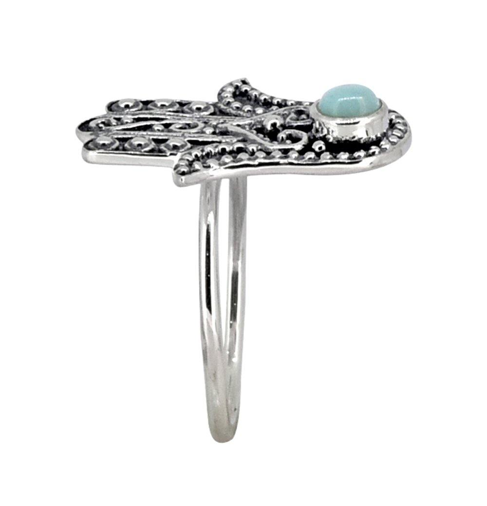 Natural Larimar Solid 925 Sterling Silver Hamsa Hand Ring Jewelry - YoTreasure