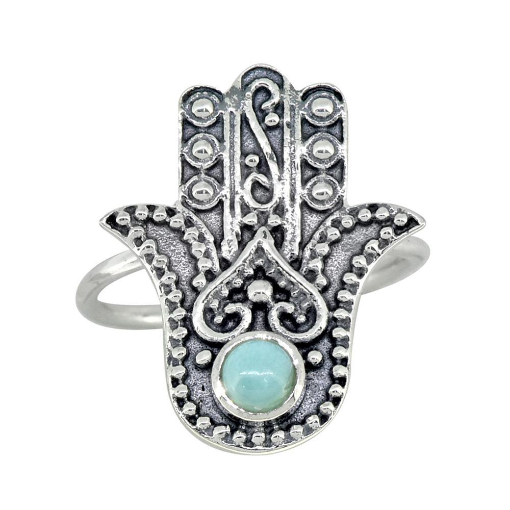 Natural Larimar Solid 925 Sterling Silver Hamsa Hand Ring Jewelry - YoTreasure