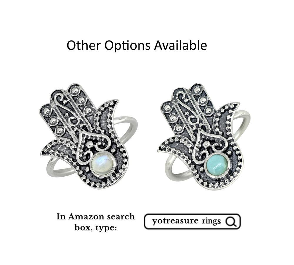Natural Larimar Solid 925 Sterling Silver Hamsa Hand Ring Jewelry - YoTreasure