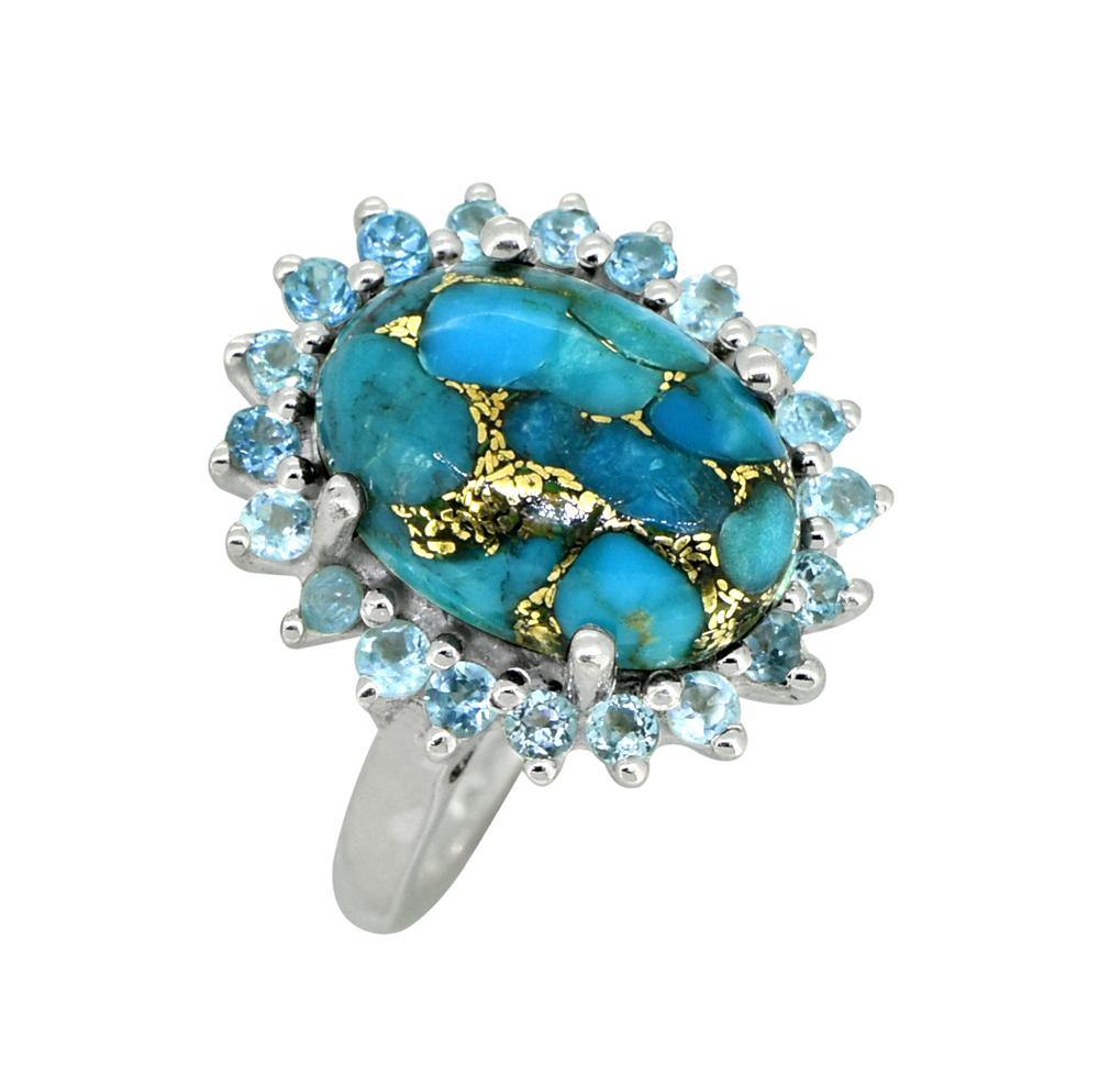 Blue Copper Turquoise Ring - .925 Sterling Silver Bold Statement Ring With Brass Accents - View #5