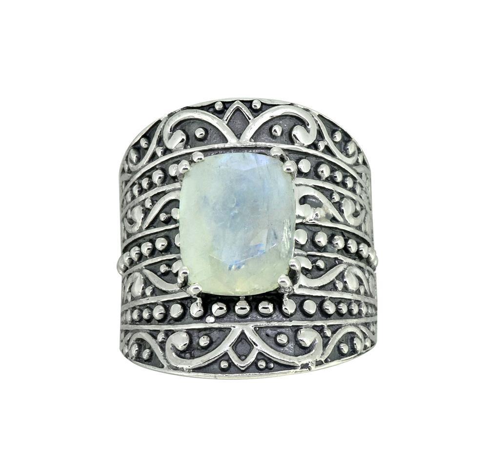 9x11MM Moonstone Ring 925 Sterling Silver Oxidized Wide Band Boho Jewelry - YoTreasure