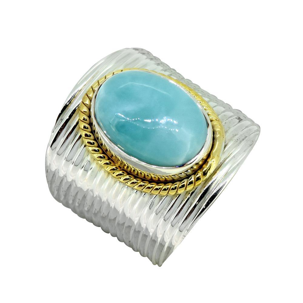 Natural Larimar Solid 925 Sterling Silver Brass Hammered Ring Jewelry - YoTreasure