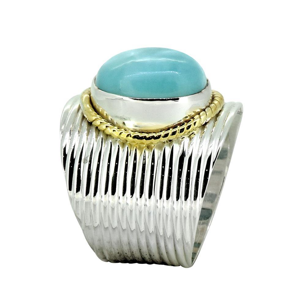 Natural Larimar Solid 925 Sterling Silver Brass Hammered Ring Jewelry - YoTreasure