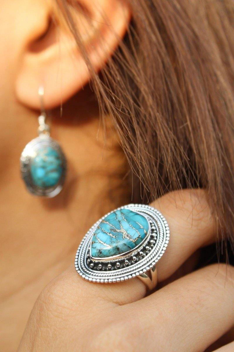 Blue Copper Turquoise Solid 925 Sterling Silver Ring Jewelry - YoTreasure
