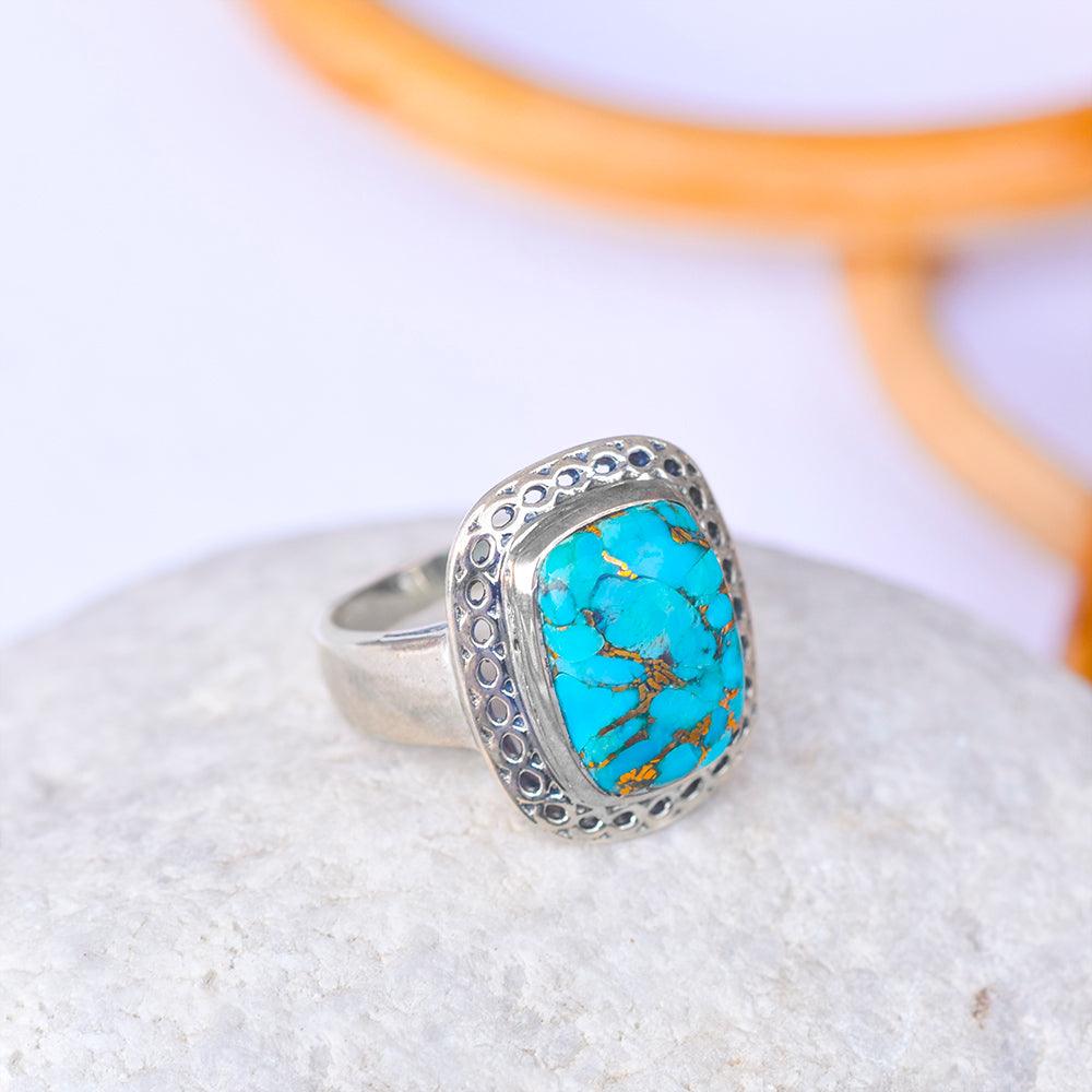 Blue Copper Turquoise Solid 925 Sterling Silver Ring Jewelry - YoTreasure