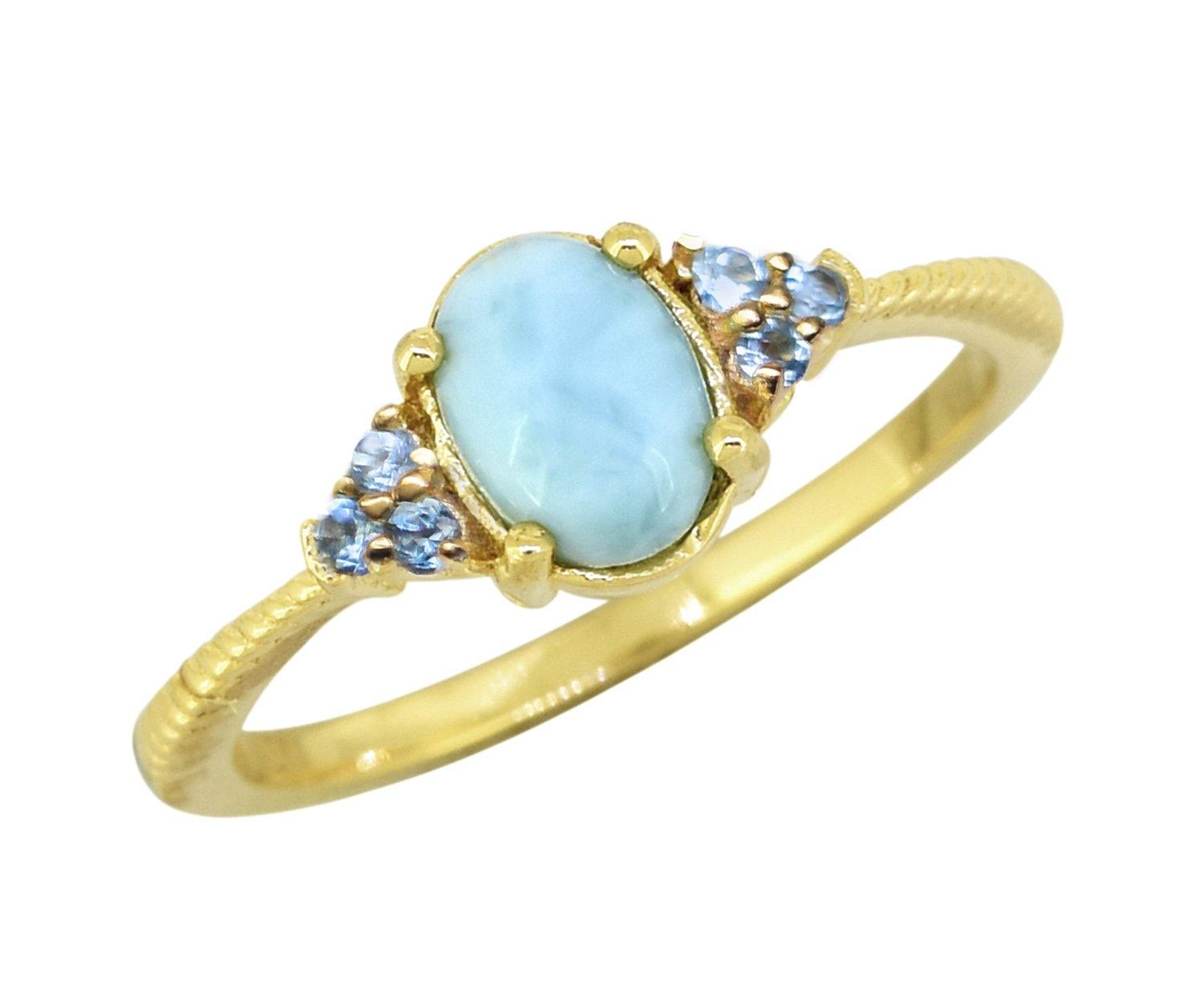 Larimar London Blue Topaz 925 Sterling Silver Gold Plated Ring Genuine Gemstone Jewelry - YoTreasure