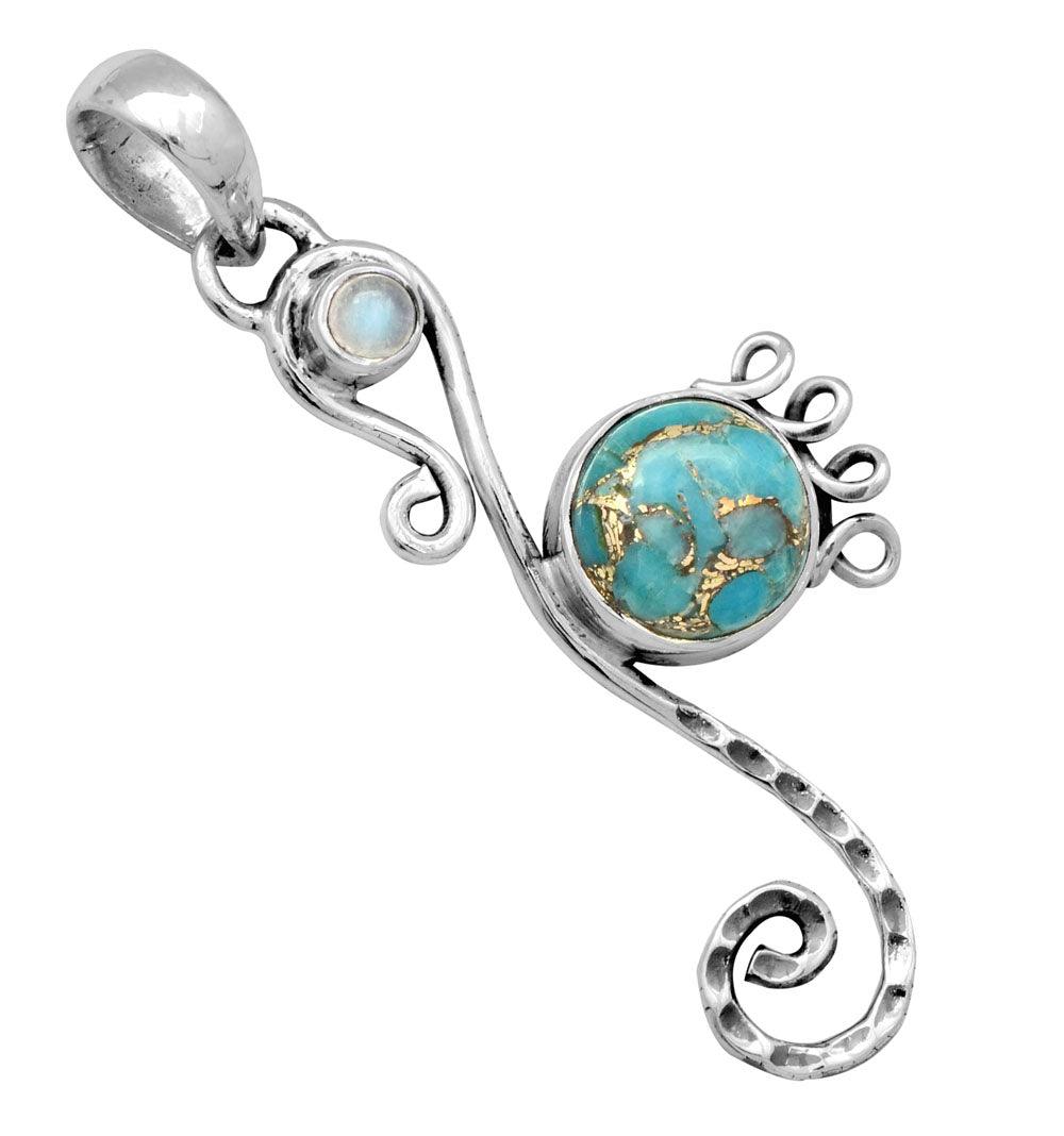 Blue Copper Turquoise Rainbow Moonstone 925 Solid Sterling Silver Pendant Necklace Silver Jewelry - YoTreasure